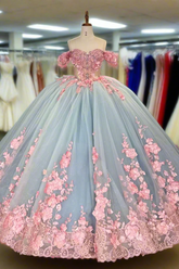 Blue Pink Quinceanera Dress Ball Gown Sweet 16 Dress with 3D flowers