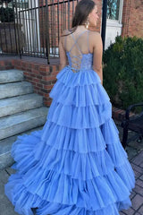 Blue Prom Dress A-Line Corset Long Tulle Tiered Evening Dress with Lace