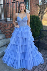 Blue Prom Dress A-Line Corset Long Tulle Tiered Evening Dress with Lace