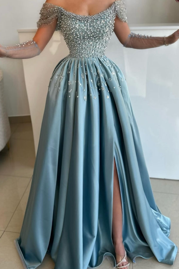 Blue Prom Dress A Line Off The Shoulder Pearls Rhinestones Formal Dress With Slit
