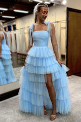 Blue Prom Dress A-Line Ruffled Tulle Long Formal Dress With Slit