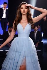 Blue Prom Dress A Line Spaghetti Straps V Neck Tulle Formal Dress With Slit