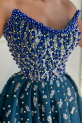 Blue Prom Dress A Line Strapless Beading Formal Dress With Slit