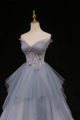 Blue Prom Dress A Line Sweetheart Neck Tulle Long Formal Evening Dress