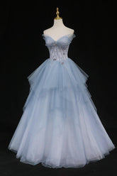 Blue Prom Dress A Line Sweetheart Neck Tulle Long Formal Evening Dress