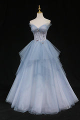 Blue Prom Dress A Line Sweetheart Neck Tulle Long Formal Evening Dress