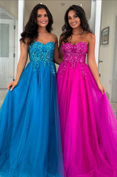 Blue Prom Dress Appliques A-Line Sweetheart Corset Long Formal Dress