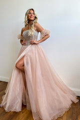 Blue Prom Dress Beaded Detachable Short Sleeves A Line Long Evening Dress with Slit