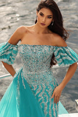 Blue Prom Dress Column Strapless Off The Shoulder Sleeveless Sequined Panel Train Tulle Formal Dress