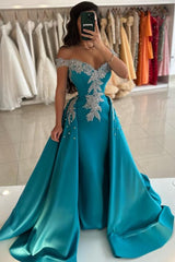 Blue Prom Dress Column V Neck Off The Shoulder Sleeveless Beaded Panel Train Satin Formal Dress