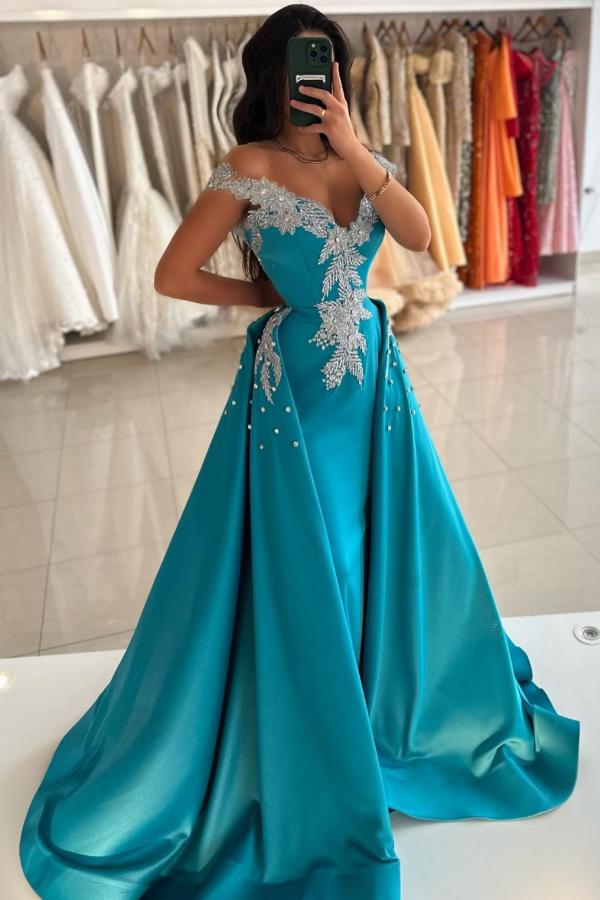 Blue Prom Dress Column V Neck Off The Shoulder Sleeveless Beaded Panel Train Satin Formal Dress