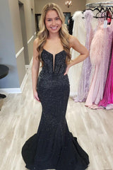 Blue Prom Dress Corset Sequined Mermaid Long Evening Dress