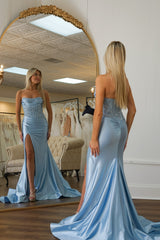 Blue Prom Dress Corset Strapless Long Evening Dress with Lace