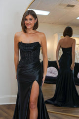 Dreamyannie Fuchsia Prom Dress Mermaid Appliques Ruche Long Formal Dress With Slit