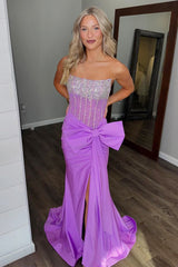 Blue Prom Dress Corset Strapless Long Formal Dress With Slit