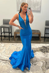 Blue Prom Dress Deep V-neck Mermaid Evening Dress with Beading