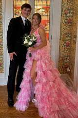 Blue Prom Dress Floral A-Line Tiered Tie-Strap Formal Dress With Slit