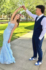 Blue Prom Dress Floral Mermaid Spaghetti Straps Long Formal Dress