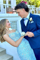 Blue Prom Dress Floral Mermaid Spaghetti Straps Long Formal Dress