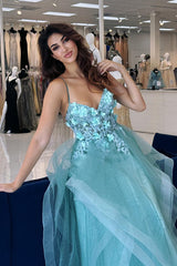 Blue Prom Dress Floral Ruffled A-Line Spaghetti Straps Long Formal Dress