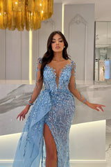 Blue Prom Dress Long Sleeve Mermaid Beaded Formal Dress
