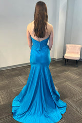 Blue Prom Dress Mermaid Beaded Strapless Long Formal Dress