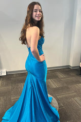 Blue Prom Dress Mermaid Beaded Strapless Long Formal Dress