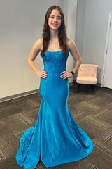 Blue Prom Dress Mermaid Beaded Strapless Long Formal Dress
