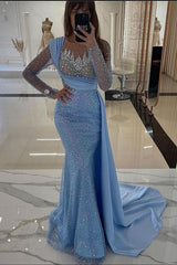 Blue Prom Dress Mermaid Crew Sleeves Sequined Panel Train Tulle Formal Dress With Rhinestones