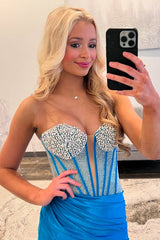 Blue Prom Dress Mermaid Floor Length Formal Dress With Slit