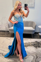 Blue Prom Dress Mermaid Floor Length Formal Dress With Slit