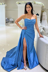 Blue Prom Dress Mermaid Ruche Sweetheart Long Formal Dress With Slit