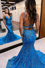 Blue Prom Dress Mermaid Sequined Long Backless Evening Dress