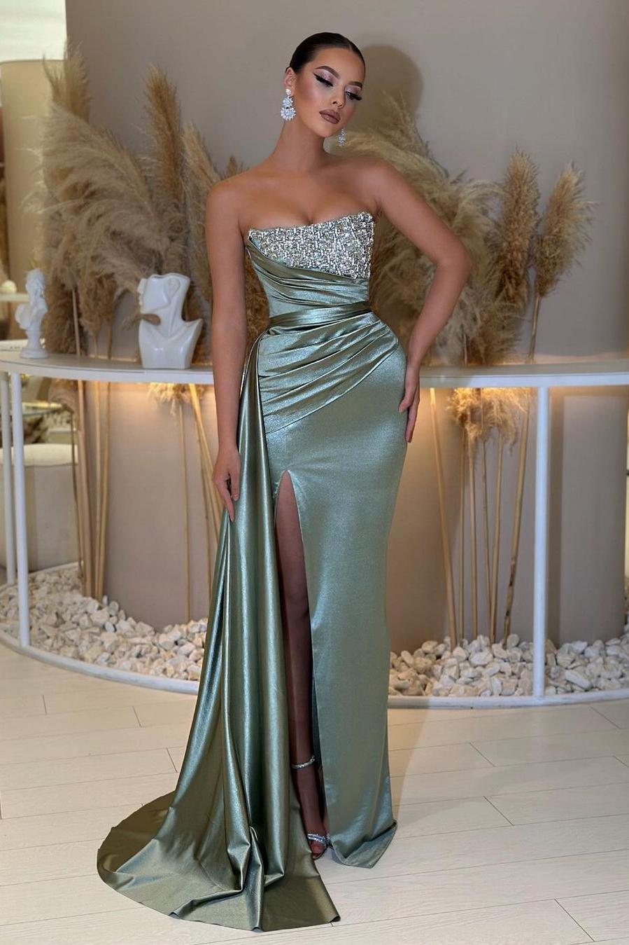 Blue Prom Dress Mermaid Sleeveless Strapless Beaded Formal Dress