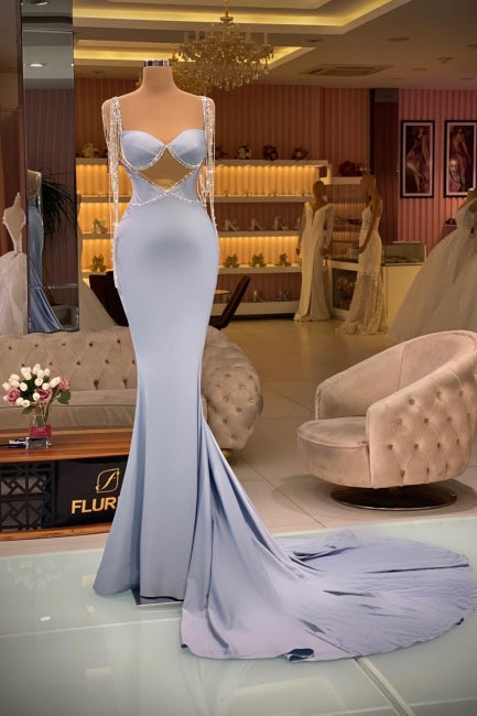 Blue Prom Dress Mermaid Spaghetti Strap Sweetheart Sleeveless Beaded Satin Sweep Train Formal Dress With Tassels