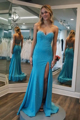 Blue Prom Dress Mermaid Sweetheart Beaded Long Evening Dress with Slit