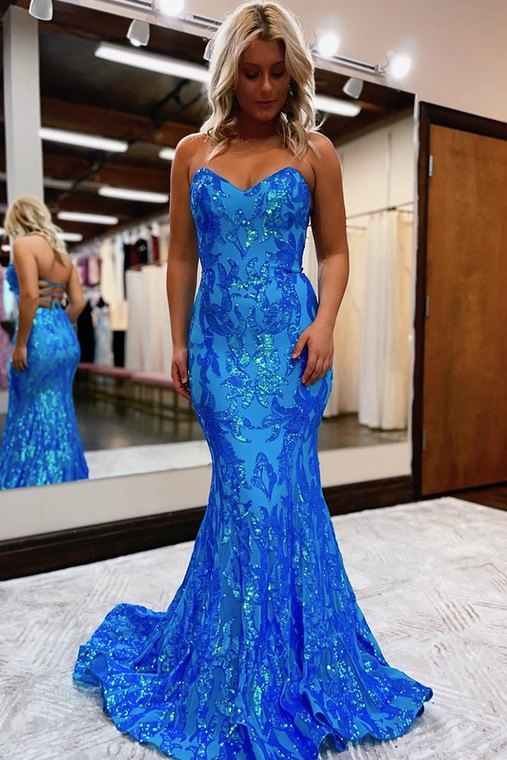 Blue Prom Dress Mermaid Sweetheart Lace-Up Back Formal Dress