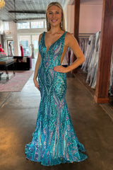 Blue Prom Dress Metallic Long Backless Sequined Prom Dres with Slit