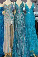 Blue Prom Dress Metallic Long Backless Sequined Prom Dres with Slit