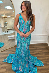 Blue Prom Dress Metallic Long Backless Sequined Prom Dres with Slit