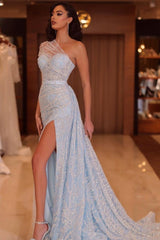 Blue Prom Dress One Shoulder Beading Lace Formal Dress With Slit