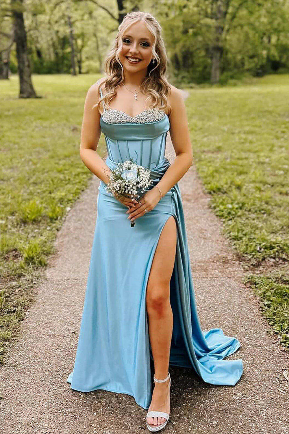 Blue Prom Dress Rhinestones Wrap Ruched Satin Long Mermaid Formal Dress With Slit