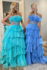Blue Prom Dress Ruffled Beaded A-Line Long Formal Dress