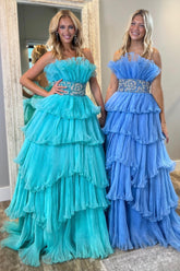 Blue Prom Dress Ruffled Beaded A-Line Long Formal Dress