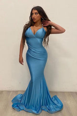 Blue Prom Dress Satin Mermaid Long Evening Dress