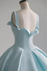 Blue Prom Dress Satin Sweep Train Long Evening Dress