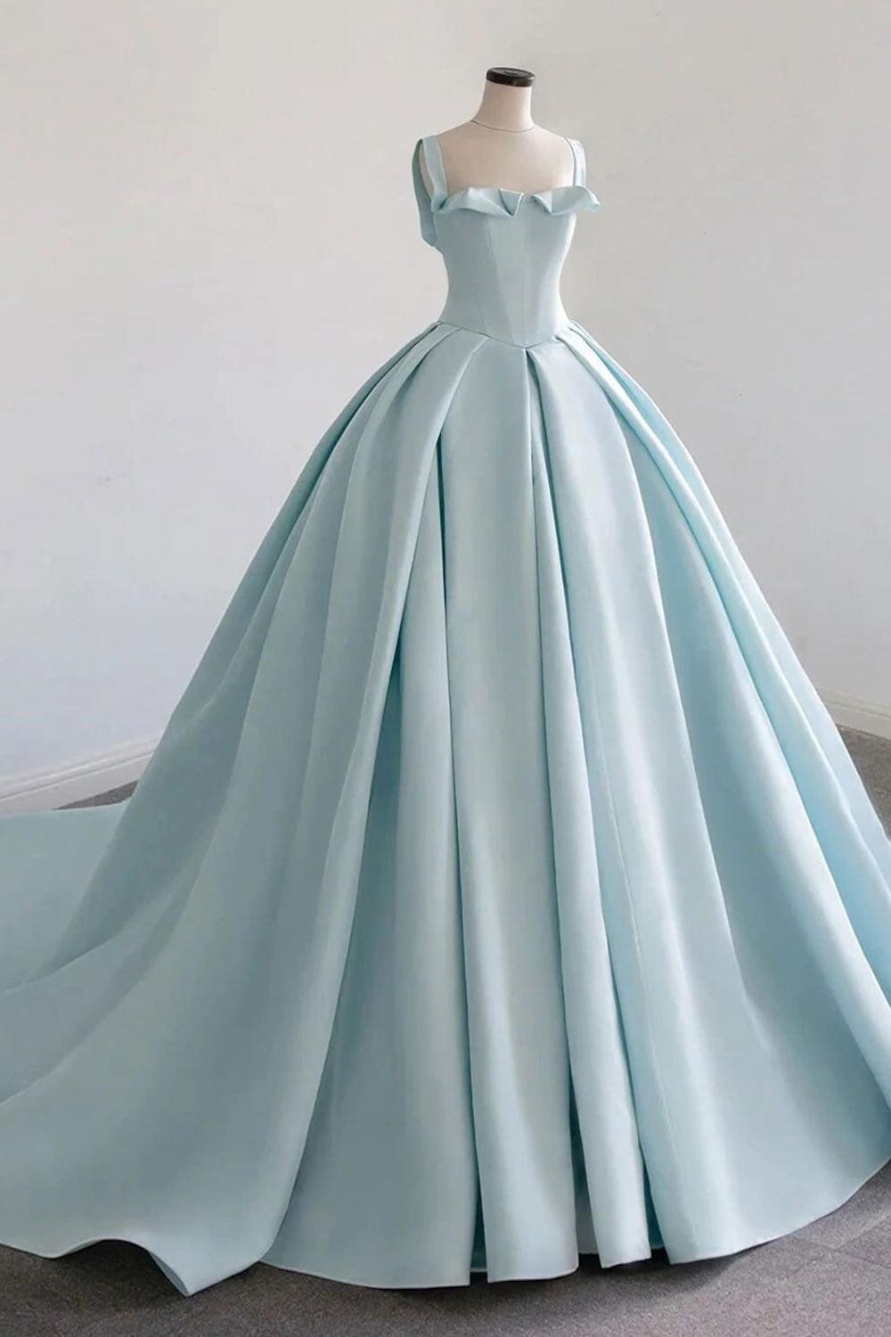 Blue Prom Dress Satin Sweep Train Long Evening Dress