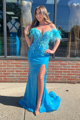 Blue Prom Dress Sequined Floral Mermaid Off The Shoulder Long Formal Dress With Slit