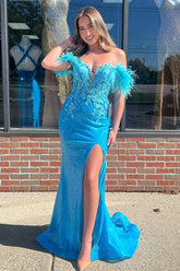 Blue Prom Dress Sequined Floral Mermaid Off The Shoulder Long Formal Dress With Slit