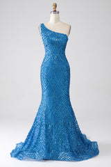 Blue Prom Dress Sequined Mermaid One Shoulder Long Evening Dress